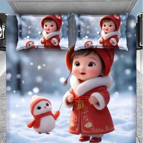 Image of 7D Fairy Tale Snow Baby Collection Double Bedsheet 90x100 inch with 2 Pillow Covers | Good Stitching, Soft Fabric & Vibrant 7D Digital Print for Kids & Couples (Red Blue)