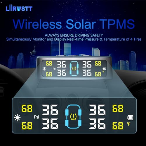 Tire Pressure Monitoring System, Tire Pressure Monitor System with Solar Charge, RV TPMS with 4 External sensors & 6 Alarm Modes, LCD Real-time Display, Auto OFF/ON, TPMS for Trailer/SUV/Truck 0-88PSI - Image 3