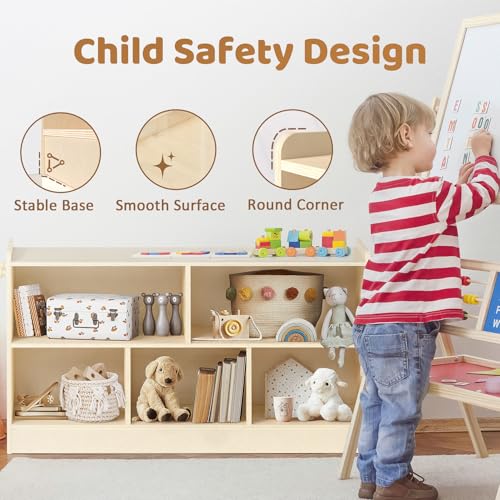 Image of Wooden Kids Storage Cabinet, 5-Section Toddler Montessori Bookshelf, Kids Organizer for Classroom, Playroom, Kindergarten, Large Size