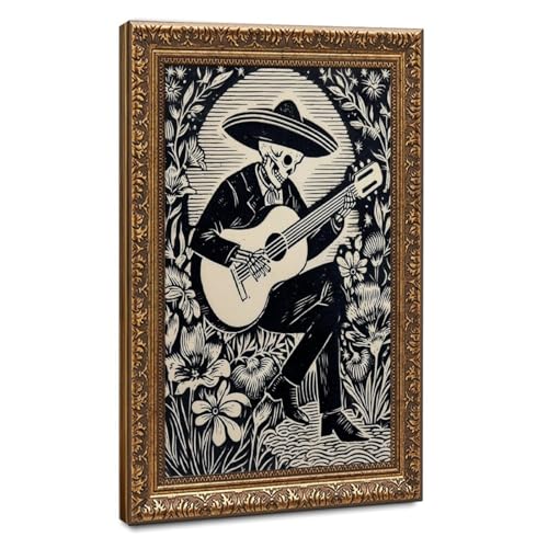 Poster squelette mexicain guitare 20x30 cm toile art folk faucheuse
