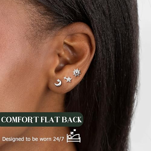 Dochais Flat Back Stud Earrings for Women and Men, Hypoallergenic 14k Gold Plated 925 Sterling Silver Post Stud Earrings Set, Gold and Silver Earrings with Screw for Sensitive Ears, Ideal for Helix, Tragus, and Cartilage Piercings3