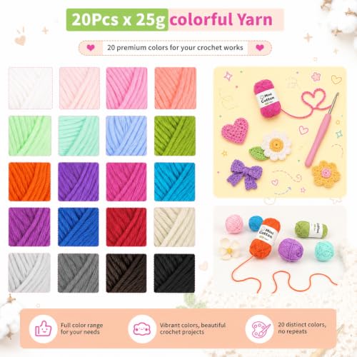 Image of Coopay 1OO% Cotton Yarn for Crocheting, 20 Pack High Twist Crochet Yarn | Mini Baby Soft Yarn - 5ply of 25g /64Yds - #2 Sport Crochet Yarn for Beginners & Starter, Thin Colorful Yarns Set for Crafts