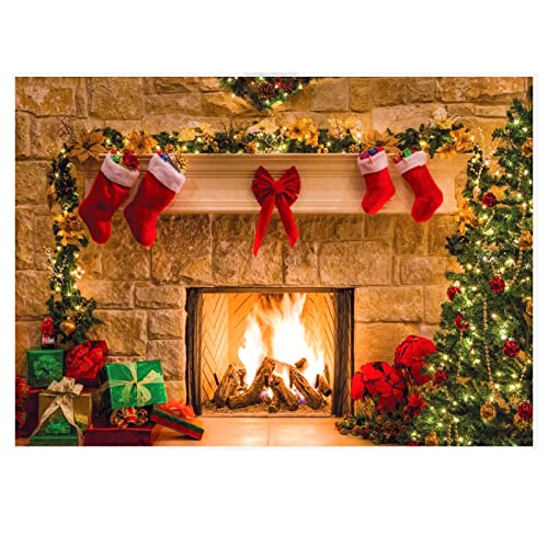 Sinblue Weihnachten Hintergrund Fotografie 7x5 ft, 3D Fotoleinwand Flatlay Hintergrund 210cm x 150 cm, Weihnachten Wanddeko (Weihnachtsbaum,, Kamin und Weihnachtssocken) Cover