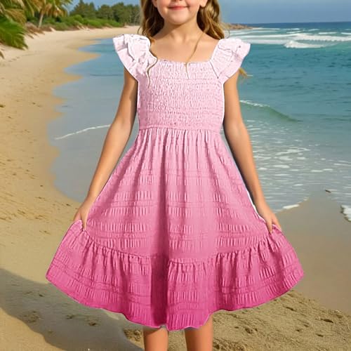 Girl's 2025 Summer Dresses Smocked Flutter Sleeve a Line Sundresses Swing Mini Casual Party Dresses Size 3-14 Years2