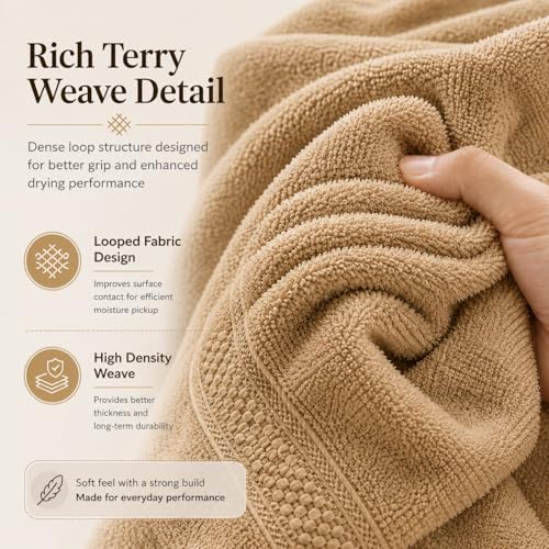 Image of 100% Pure Cotton Bath Towel for Men & Women | 380 GSM Ultra Soft, Highly Absorbent & Quick Dry Bath Towel | Large 55 x 28 Inch Matty Terry Towel for Bathroom, Gym, Travel & Daily Use | Light Brown