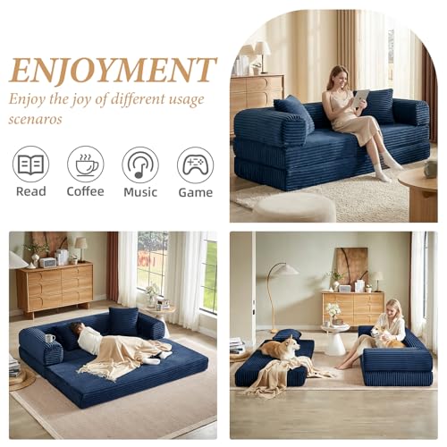 Image of 78 Inch Convertible Folding Sleeper Sofa Bed, Fold Out Floor Sofa Couch with Fixed-Shape Frame, Cloud Corduroy Foldable Mattress Couch for Living Room Bedroom (Blue)