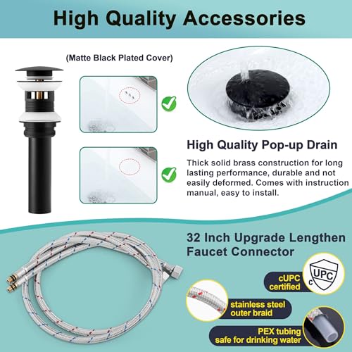 Image of Herogo Black Bathroom Faucet, Stainless Steel Modern Bathroom Sink Faucets with Pop-up Sink Drain & Deck Plate 1 or 3 Hole, Single Handle RV Washbasin Lavatory Faucet with 2 Water Hoses