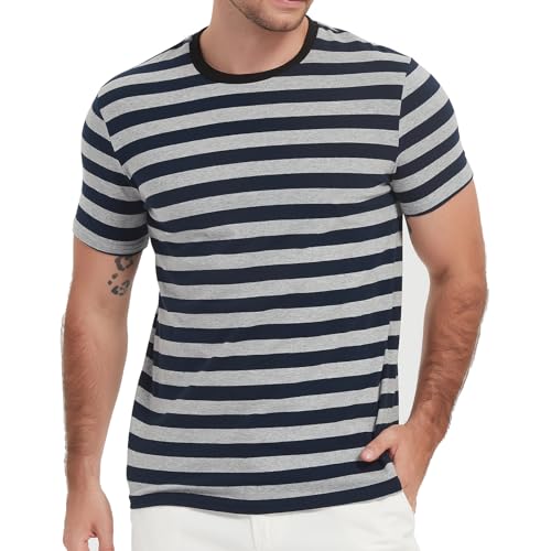 LEDING&BEST Camisas Casuales de Manga Corta para Hombre a Rayas algodón Spandex Vacaciones Verano Viaje Simple Camisa de Cuello Redondo