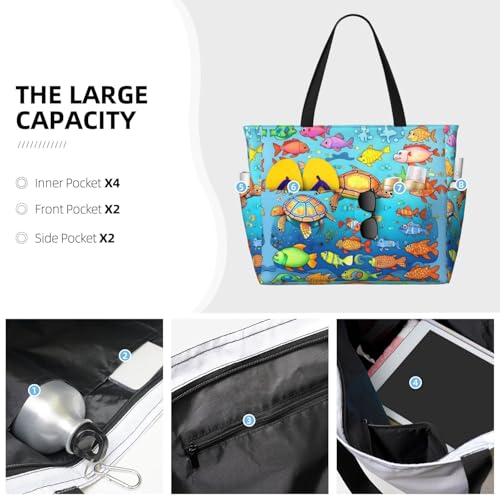 Turtle and Fish Large capacity beach bag with zipper, perfect for grocery bag pool gym travel shopping foldable beach travel bag,3