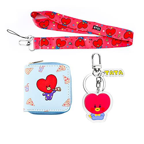 Kpop BTS Bangtan Boys Wallet Cartoon BT/21 Character Purse Pouch ID Credit Card Holder with Lanyard Keychain(KWC-TATA)