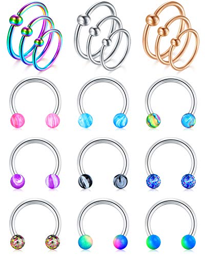 Zolure 24pcs 16G Surgical Steel Horseshoe Nose Septum Rings Piercing Jewelry Cartilage Helix Tragus Earring Hoop Lip Horseshoe Piercing Retainer for Women Men 8mm 10mm