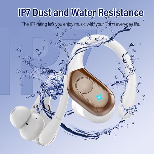 Image of Qecnato Wireless Earbuds Bluetooth Stereo Deep Bass Sports Ear Buds with Earhooks, LED Display Bluetooth Ear Buds with 4 ENC Mic, IP7 Waterproof Earphone, Dark Brown
