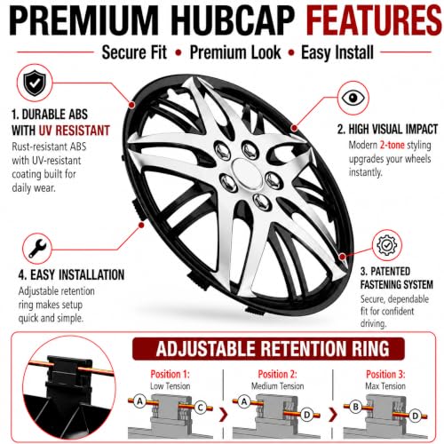 Image of LYDS Superstar Black & Silver Universal 16 inch Premium ABS Hubcap Wheel Cover Replacement Set of 4 - KWC-16C-BLK-AM