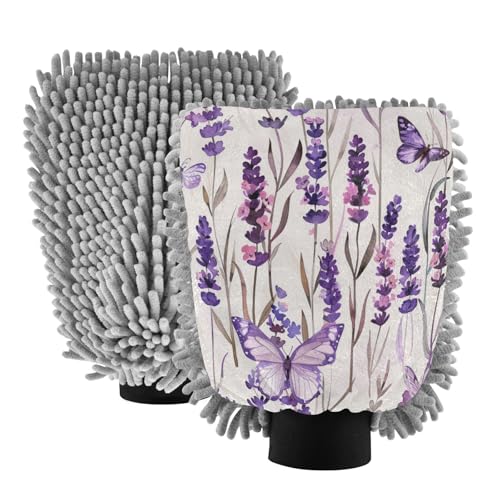 ALAZA Lavender Flower Butterfly Car Wash Mitt Scratch Free, 2 Pack Absorbent Microfiber/Chenille Washing & Drying Mitts, M