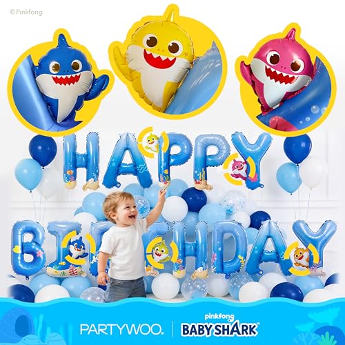 Image of PartyWoo Baby Shark Family Foil Balloons 13pcs Baby Shark Family Blue Round Star Mylar Happy Birthday Banner Letter Balloons for Boys and Girls Under the Sea Kids Birthday Party Decorations