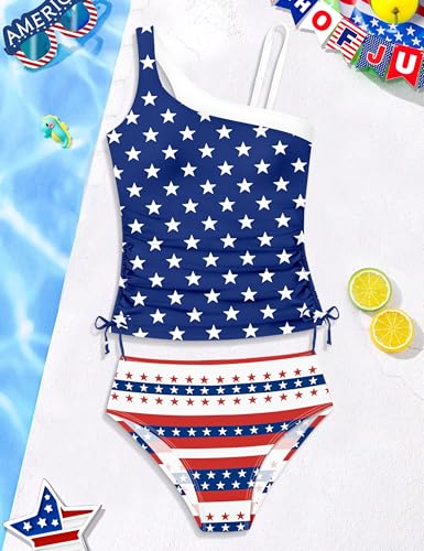 Image of AGAPENG Girls Swimsuit Two Piece One Shoulder Tankini Floral Print Drawstring Swimwear Set 7-14Y