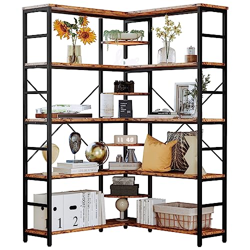 IRONCK Industrial Bookcases and Bookshelves, 5-Tiers Corner Bookcase with Curved Panels, L Shaped Shelf with Metal Frame for Open Storage for Living Room Home Office, Vintage Brown