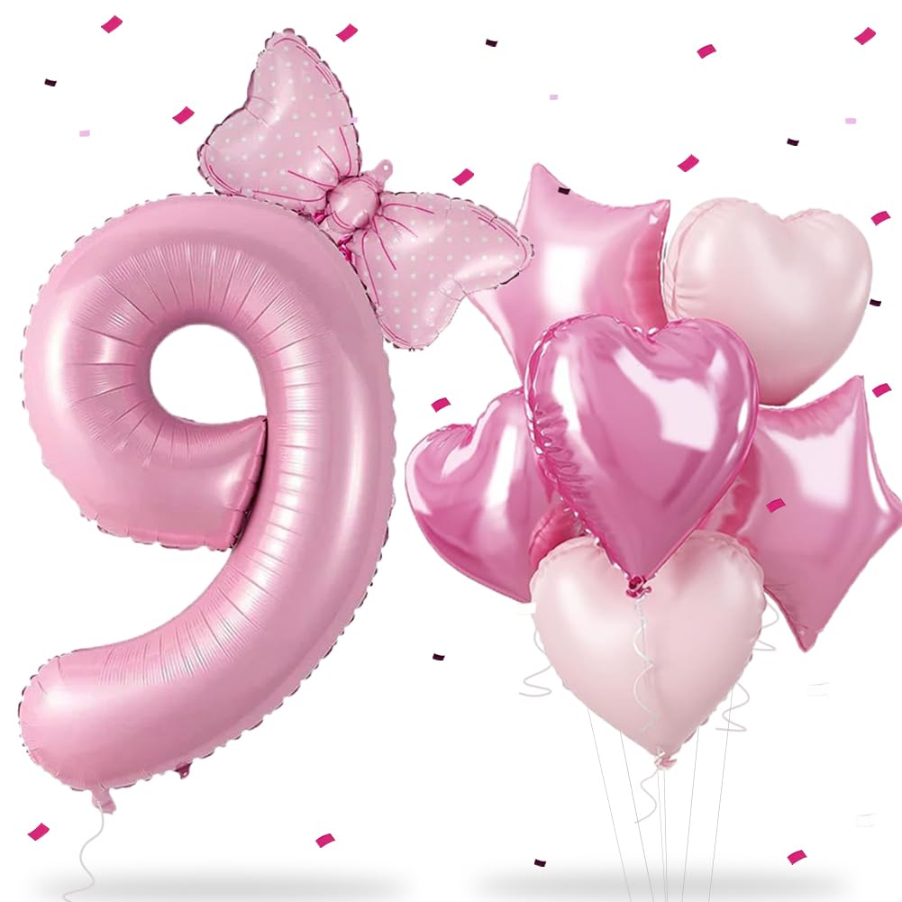 Wuhetyo Pink Bow Number 9 Balloon Set Extra Large Foil Number Baby Pink Balloons 40 Inch With Bow & Heart Balloons Extra Large Balloon 9 for Boys