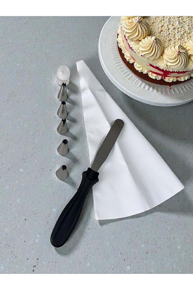 Krema Sıkma Torbası Seti 8 Parça Krema Kek Süsleme Torbası Paslanmaz Çelik Uçlu + Spatula Hediyeli