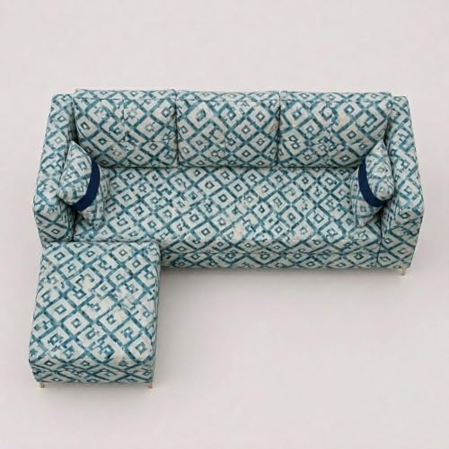 Image of FURNY Signature Cresta 4-Seater L-Shape Sofa Set with Movable Ottoman | Flexible LHS /RHS Layout | Tapestry Fabric | 40D Foam + Zigzag Spring | 3-Yr Warranty (Lagoon Mosaic Blue)