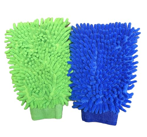 Besmelody House Cleaning and Car Wash Mitts, Home Dusting Microfiber Gloves, Washing Clean Polish Faster (2-Pack, Green/Blue)