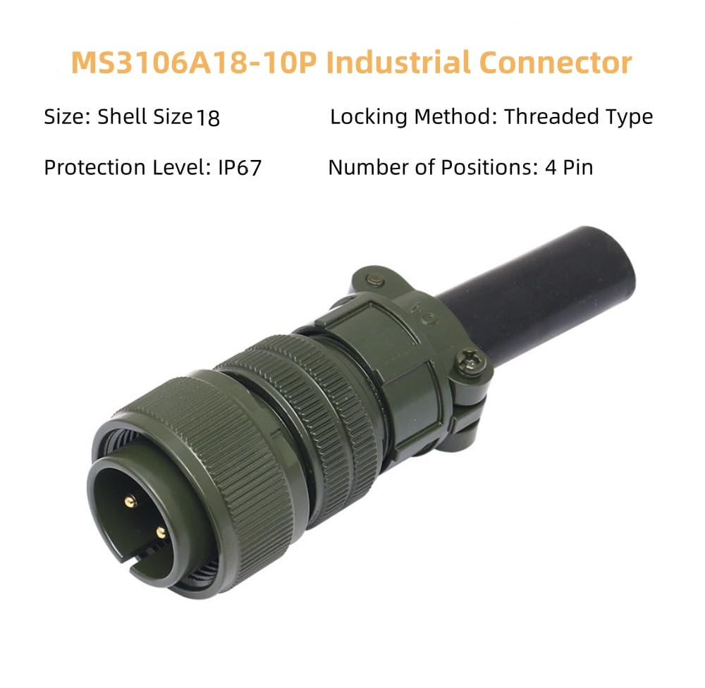 MIL-DTL-5015 Series Industrial Connector, MS3106A18-10P Circular Male Plug Connectors Waterproof 4 Pin Contacts Solder Termination Threaded Straight Connector Cable