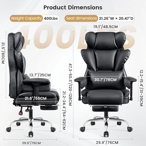 Image of Big & Tall Office Chair 400 lbs - 21.3 inch Wide Seat High Back Ergonomic Executive Chair with Retractable Footrest, Heavy Duty Computer Gaming Chair for Heavy People, Black