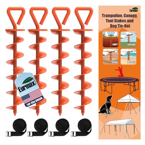 Image of Eurmax USA 4 Pack Heavy Duty Ground Stakes,Industrial Grade Spiral Steel Screw-In Trampoline Anchors with 4 Reinforced Straps,High Wind Stabilizing Kit for Dog Tie-Out,Canopies,Sheds,Swing Sets,Orange