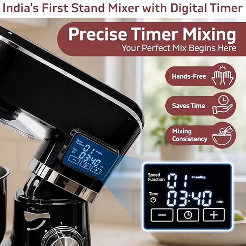 Image of NexLev Stand Mixer | 2000W Copper Motor Dough Maker Machine with Digital Timer, 6L Stainless Steel Bowl, 6 Speed + Pulse Control, Metal Gears, Planetary Rotation, Teflon Coated, ST-02