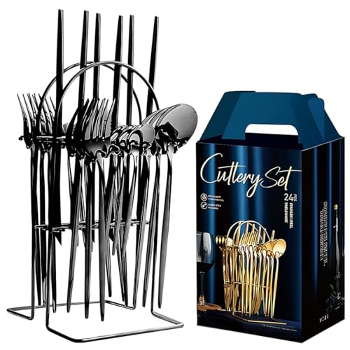 Image of BonZeaL Stainless Steel 24 Pieces Black Cutlery Set for 6 Person with Stand Mirror Finish Flatware Set for Dining Table Hotel Cafe Bar Restaurant Premium House Warming Gifts for New Home Kitchen