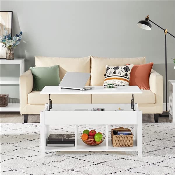 Abician Table Basse Relevable et Rectangulaire en Bois, 1 Grand Compartiment Caché, 3 Compartiments Ouverts, Pied en Bois Massif, Style Minimaliste, Maison, Salon Blanc