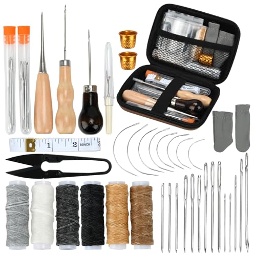 Leather Sewing Kit, Professional Leather Repair Kit with Upholstery Thread, Sewing Awl Hand Sewing Punch Stitching Needles for Craft DIY Tool (A Style)