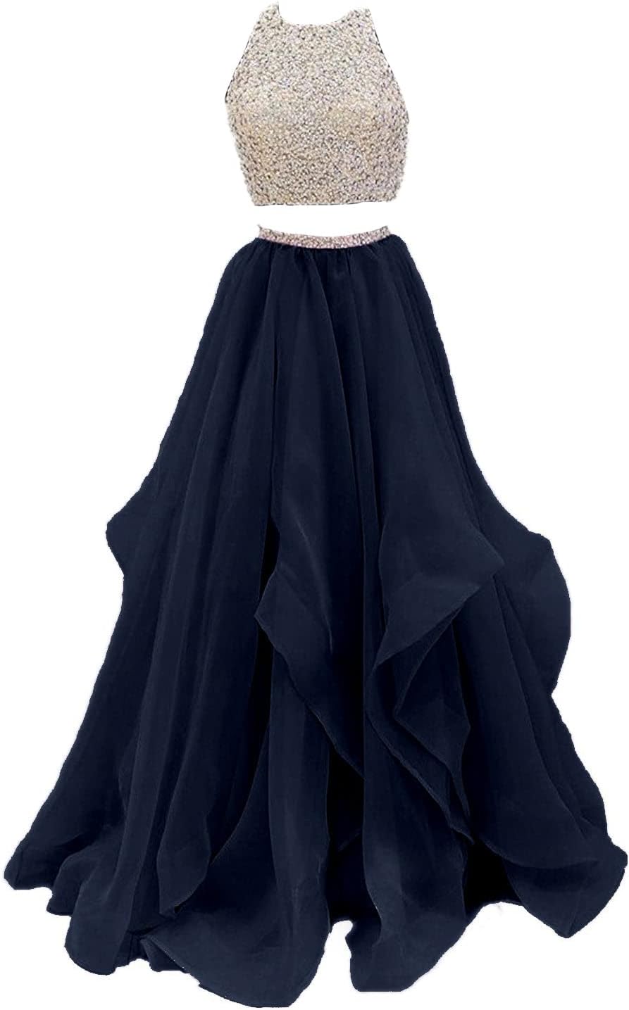 Two Piece Floor Length Organza Prom Dress Beaded Evening Gown