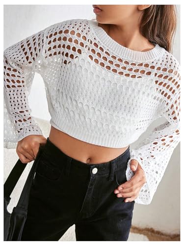GORGLITTER Girl's Hollow Out Cropped Sweater Boat Neck Long Sleeve Crochet Top Drop Shoulder Pullover Tops3