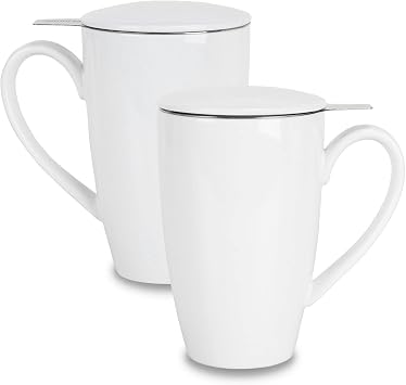 amhomel Porcelain Tea Mug with Infuser and Lid, 16 Ounce Ceramic Tea Cup for Loose Leaf, Coffee, Cocoa and Milk, Tea Gift for Tea Lovers, Set of 2White