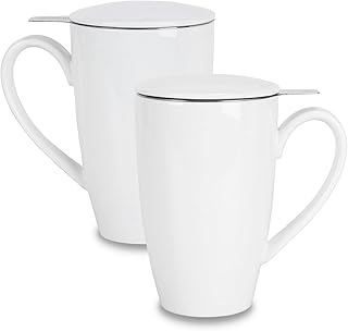 amhomel Porcelain Tea Mug with Infuser and Lid, 16 Ounce Ceramic Tea Cup for Loose Leaf, Coffee, Cocoa and Milk, Tea Gift for Tea Lovers, Set of 2(White)