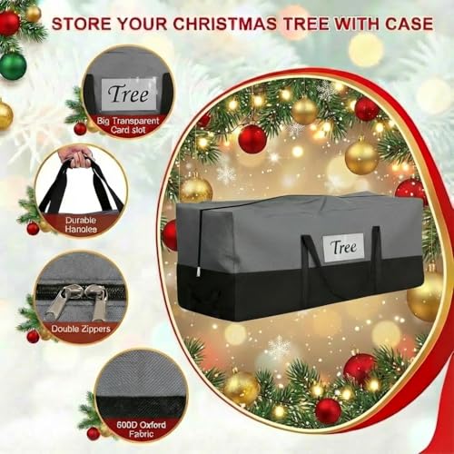 Image of Christmas Tree Storage Bag, Fits 10-12 Ft Artificial Trees, Gray | Wide Dual-Zipper Opening, Reinforced Handles, Clear Label Pocket, Tear-Resistant 600D Oxford, Dust and Moisture Protection