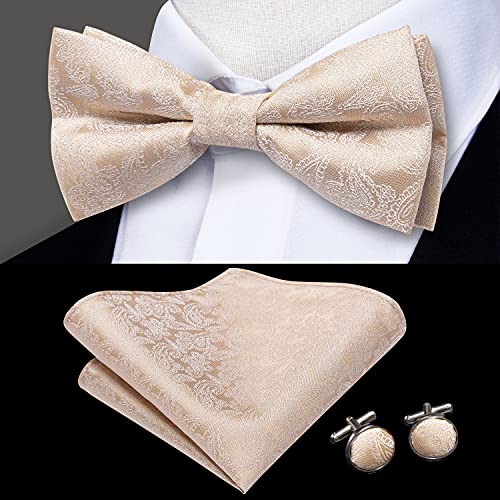 Image of Hi-Tie 5Pcs Mens Solid Color Silk Tie Satin Pretied Bowtie Lapel Pin for Men Handkerchief Cufflink Wedding Gift Box