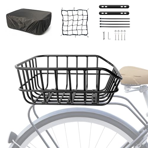 HopesEager fahrradkorb hinten mit Regenschutz,gepäcknetz,Großer Fahrrad Korb aus Metall hinten, robuster fahrradkorb gepäckträger hinten für die meisten Fahrräder und E-Bikes