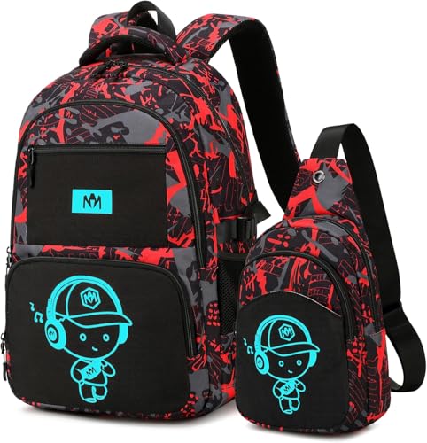 BLUBOON Mochila escolar para crianças, adolescentes, mochila para crianças, Vermelho graffiti, L