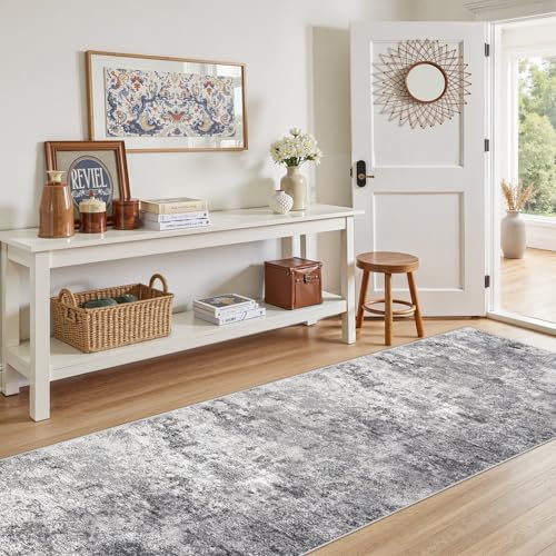 3X10 Washable Runner Rug for Hallway: Soft Neutral Modern Abstract Area Rug - Non-Slip Low Pile Long Throw Indoor Carpet for Kitchen Entryway Kitchen Bedroom Laundry - Grey