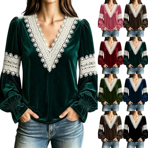 Velvet Tops for Women Dressy Long Sleeve Lace V Neck Blouse Army Green - image 1