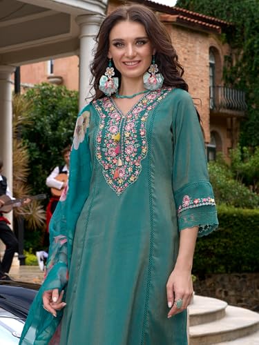 Image of INDO ERA Women's Silk Blend Embroidered A-Line Kurta and Pant with Dupatta Set (Ieout6682)