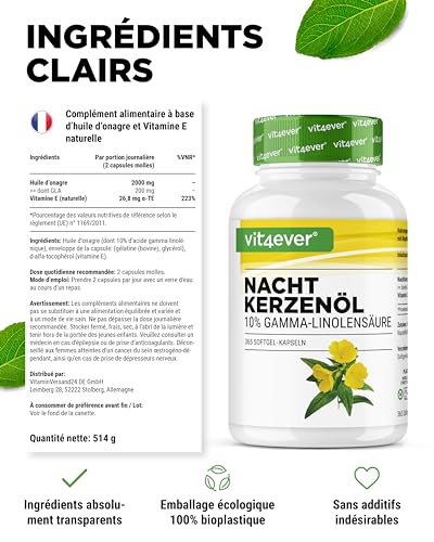 Huile d'onagre capsule capsules 2000mg acide gamma-linolénique GLA et vitamine E