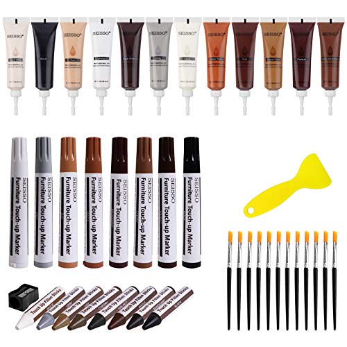SEISSO Kit de réparation bois, feutre retouche bois, reparation parquet, stylo retouche bois, Réparer Trous de clous, égratignures, peinture écaillée, blanchiment, moisissure, brûlures, débosselage