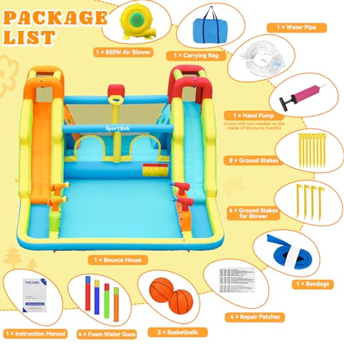 SportBob Hüpfburg mit Wasserrutsche und Gebläse, Hüpfburgen XXL Große mit 4 Wasserspritzkanonen, 2 Kletterwand, Basketballkorb, Springen, Planschbecken für Kinder Outdoor Indoor, 452x416x210cm