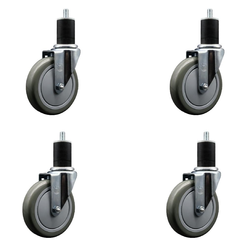 Stainless Steel Polyurethane Swivel Expanding Stem Caster Set of 4 with 5 Inch Gray Wheels and 1-3/4