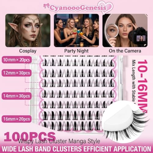 Fairy Self Adhesive Eyelash Extensions 100pcs D Curl 10-16mm Wispy Manga Lash Clusters Individual Lashes Black Ultra-Thin Band Beginner Friendly Salon Quality at Home — view 2