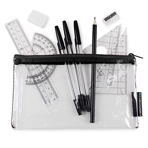 Fashion Stationery Math Set Kids Protractor School Supplies GCSE Geometry Sets Clear Exam Pencil Case Small Transparent See Through Case for Boys Teenagers Girls Students (Small Clear Black Geo Set)