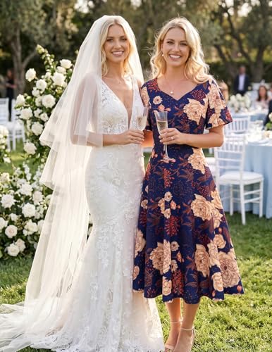Image of HomRain Wedding Guest Dresses for Women Vintage Short Sleeves Casual Fit and Flare Cocktail Formal Dress for Tea Party